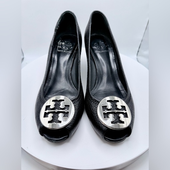 Tory Burch Shoes - Authentic Tory Burch Womens Sally 2 Black Leather Wedge Pump Heels Size‎ 7.5M